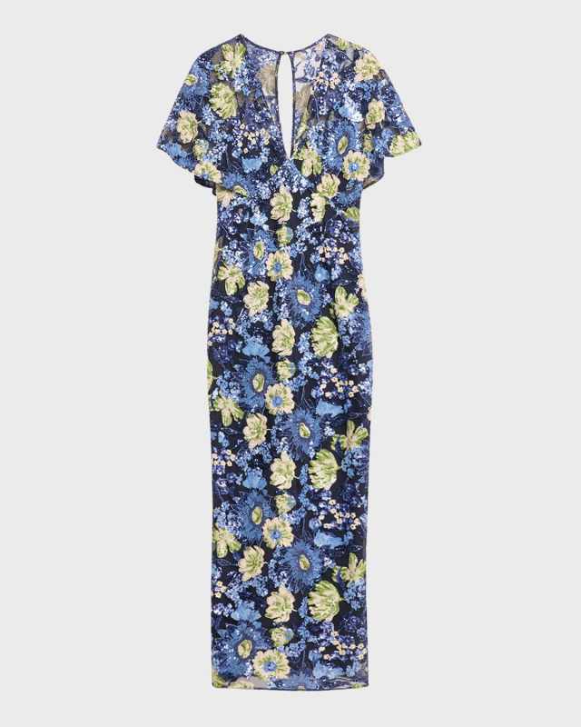 V-Neck Flower Sequin Cape-Sleeve Column Maxi Dress