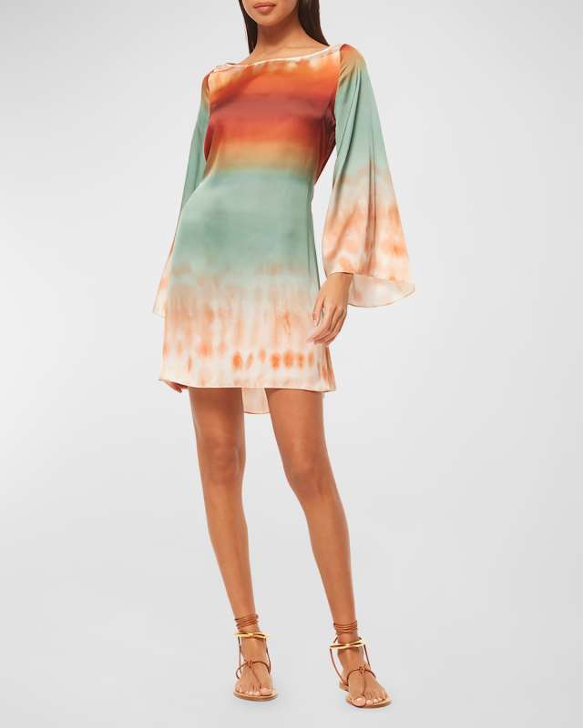 Twiggy Tie-Belt Bell-Sleeve Mini Dress
