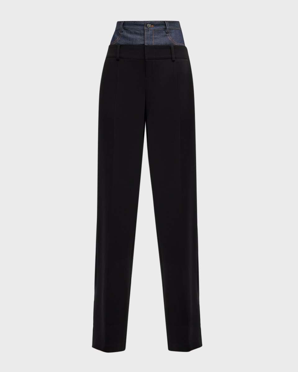 Dionne Mixed Media Straight-Leg Pants