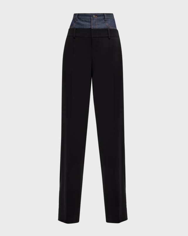 Dionne Mixed Media Straight-Leg Pants
