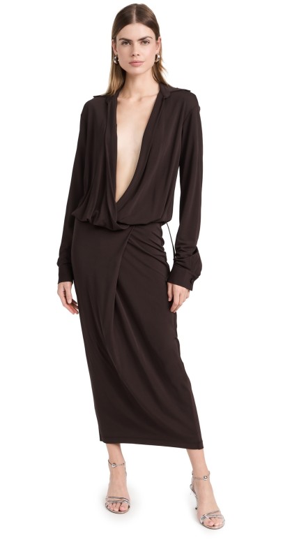 Christopher Esber Framed Buckle Wrap Shirt Dress Cacao