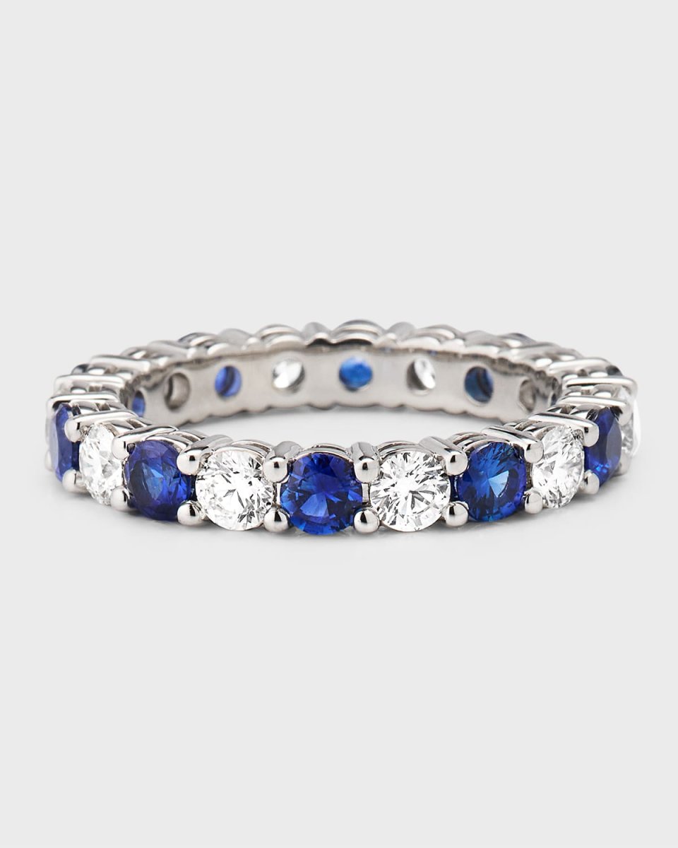 Platinum Diamond Blue Sapphire Eternity Ring Size 7.5, 2.55tcw