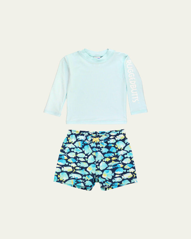 Boy's Spun Sugar Rashguard and Fish Friends Trunk Set, Size 3M-8