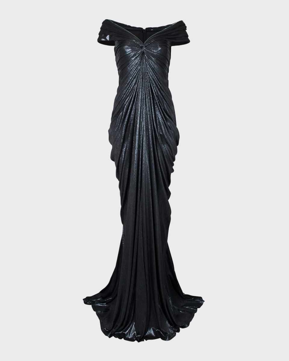 Ruched Off-Shoulder Metallic Jersey Gown
