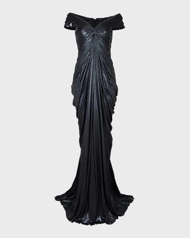 Ruched Off-Shoulder Metallic Jersey Gown