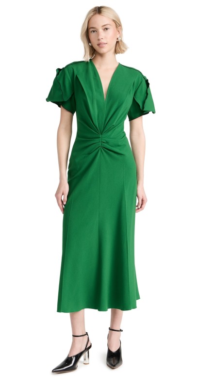 Victoria Beckham Gathered V-Neck Midi Dress Viridian