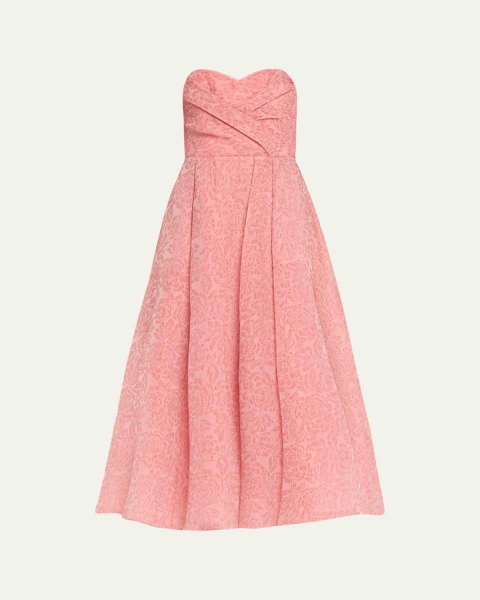 Strapless Pleated Jacquard Midi Dress