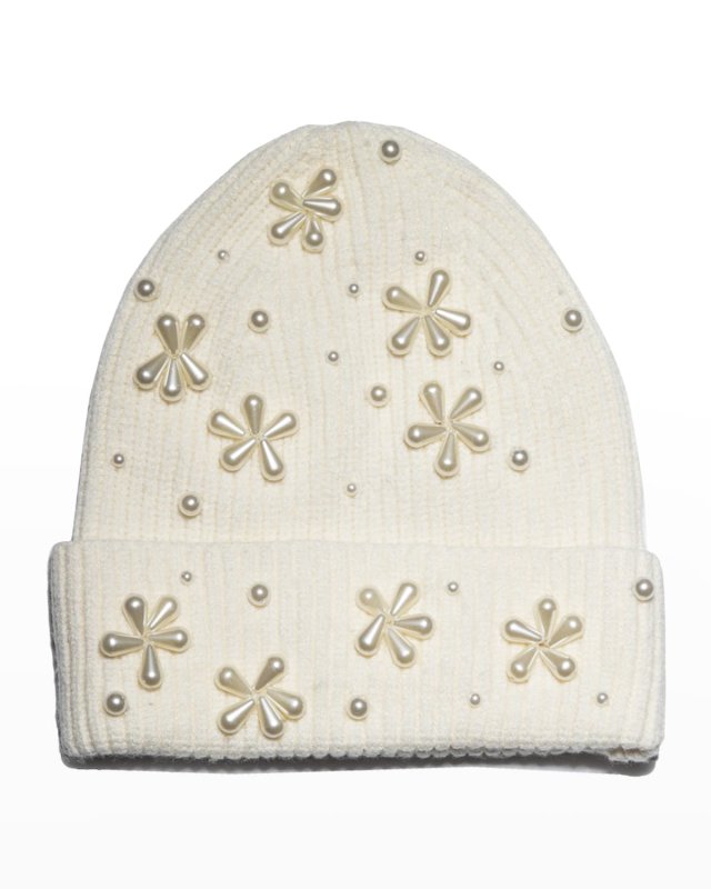 Pearly Snowflake Rib Knit Beanie