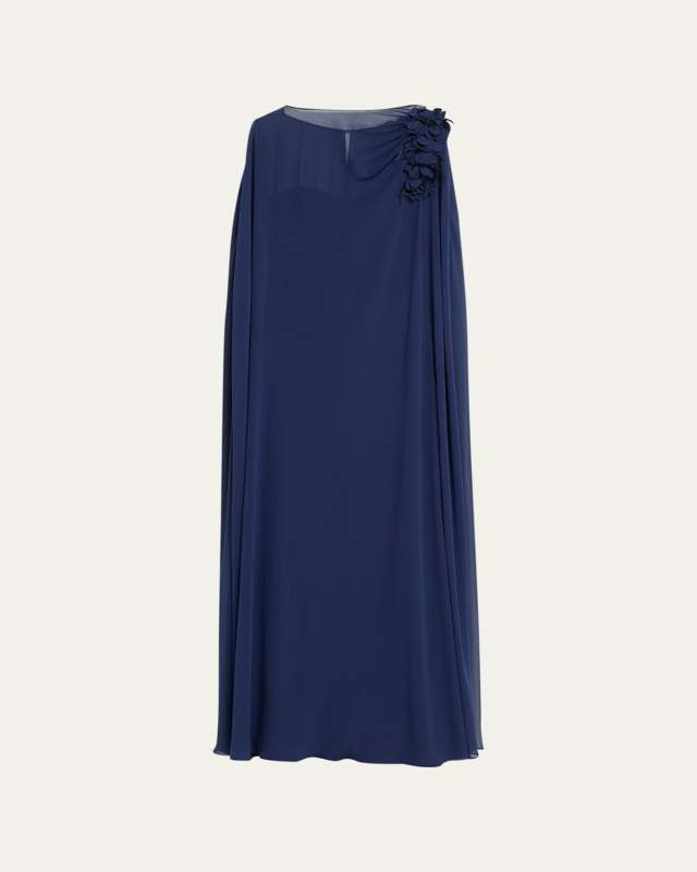 Feather-Embellished Floral Cape Gown