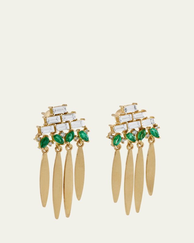 18K Yellow Gold Grass Spike Earrings with Diamonds and Emeralds