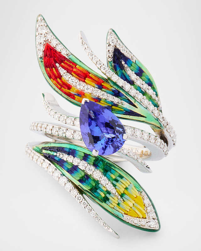 Sicis Jewels 18K Quetzal Micro-Mosaic Art Ring with Tanzanite and Diamonds