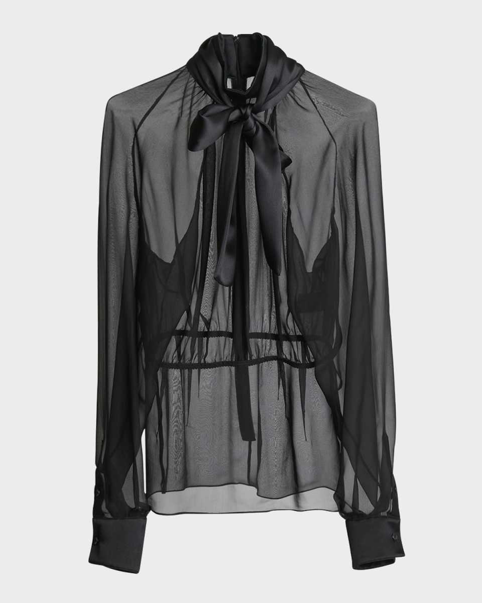 Satin Neck-Bow Long-Sleeve Chiffon Top