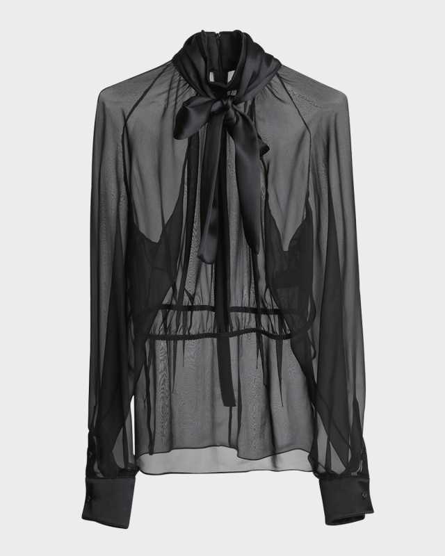Satin Neck-Bow Long-Sleeve Chiffon Top