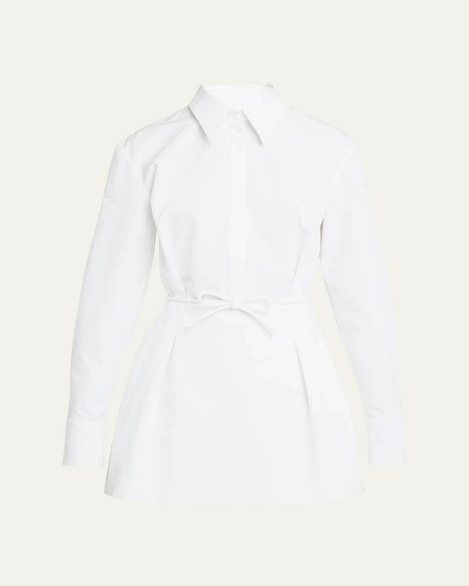 Bow-Waist Long-Sleeve Mini Shirtdress