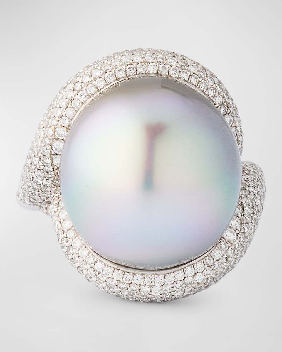 18K White Gold 17mm Tahitian Pearl and Diamond Ring, Size 7