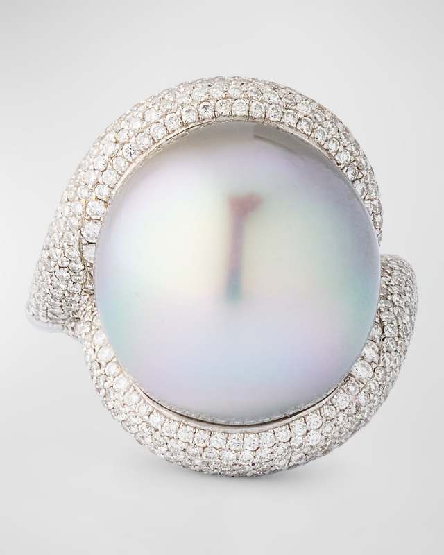 18K White Gold 17mm Tahitian Pearl and Diamond Ring, Size 7