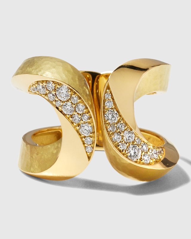 Yellow Gold Hammered Diamond Ring, Size 7
