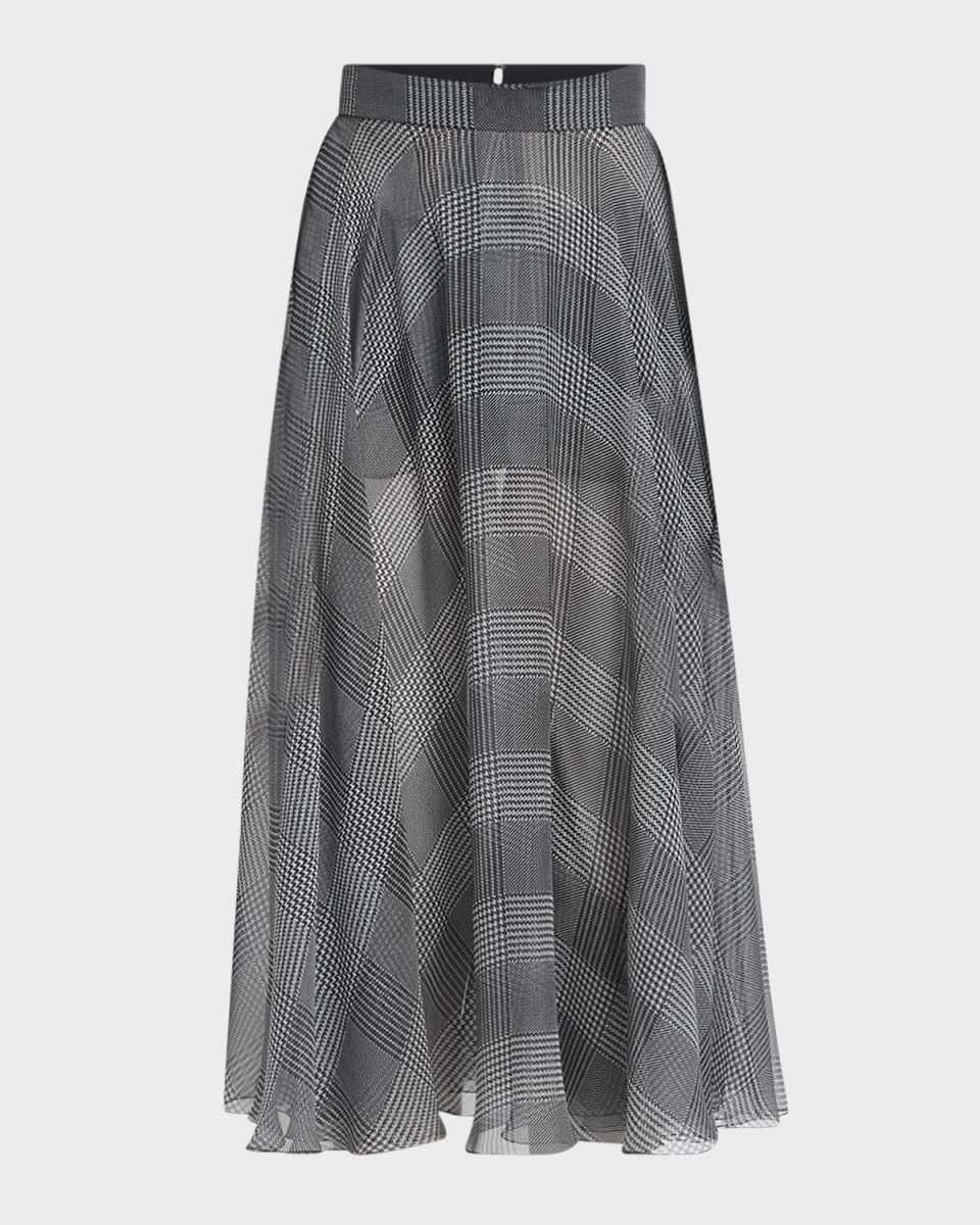 Houndstooth Check Silk Chiffon Longuette Skirt