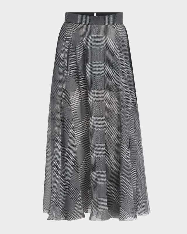 Houndstooth Check Silk Chiffon Longuette Skirt