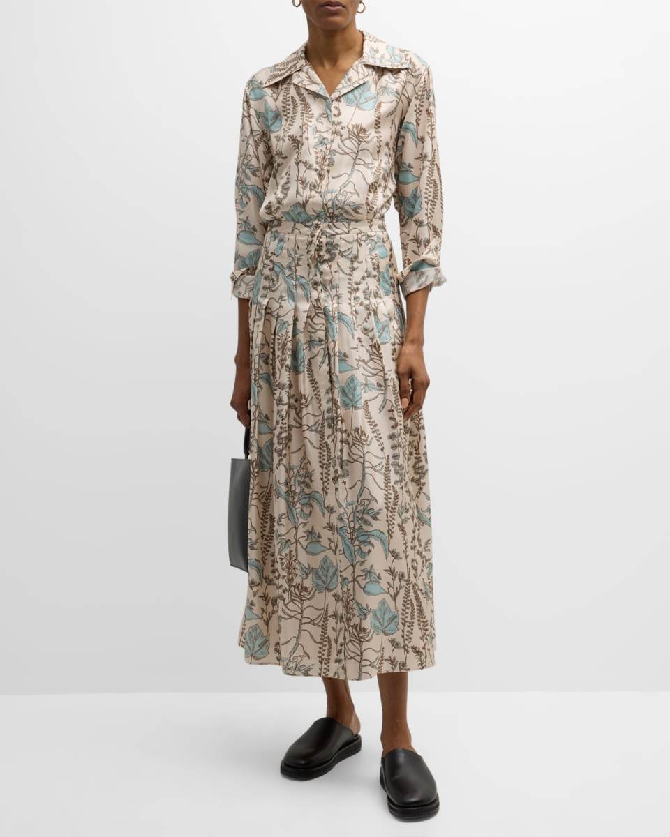 Pleated Botanical-Print Silk Midi Shirtdress