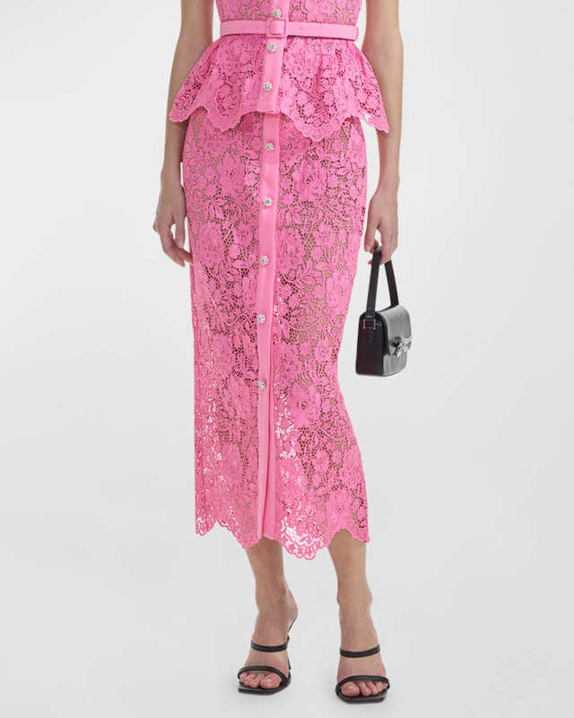 Floral Lace Fitted Midi Skirt with Belt