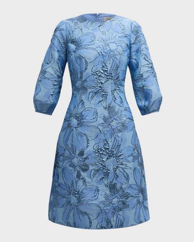 Blouson-Sleeve Metallic Jacquard Midi Dress