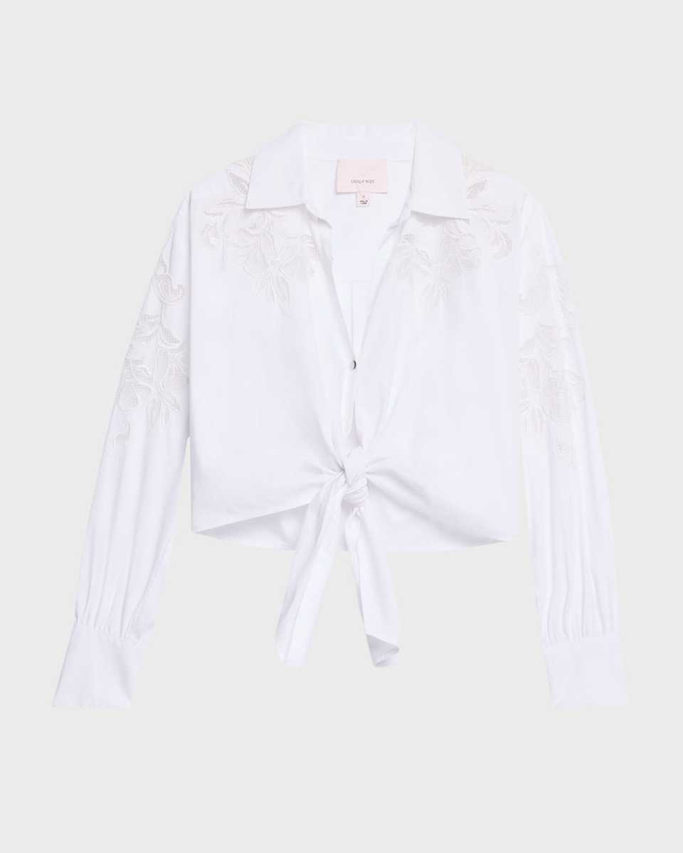 Marianna Cutout Embroidery Collared Tie-Front Top