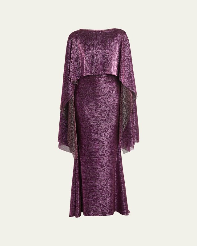 Metallic Voile Half-Cape Evening Dress