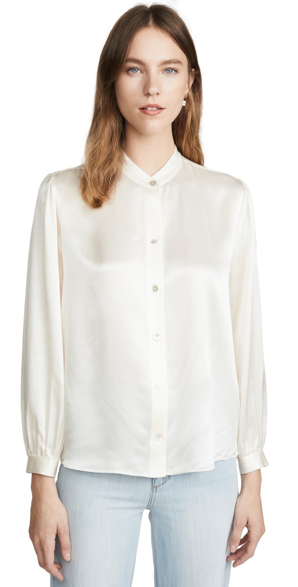 Vince Shirred Band Collar Blouse Chiffon