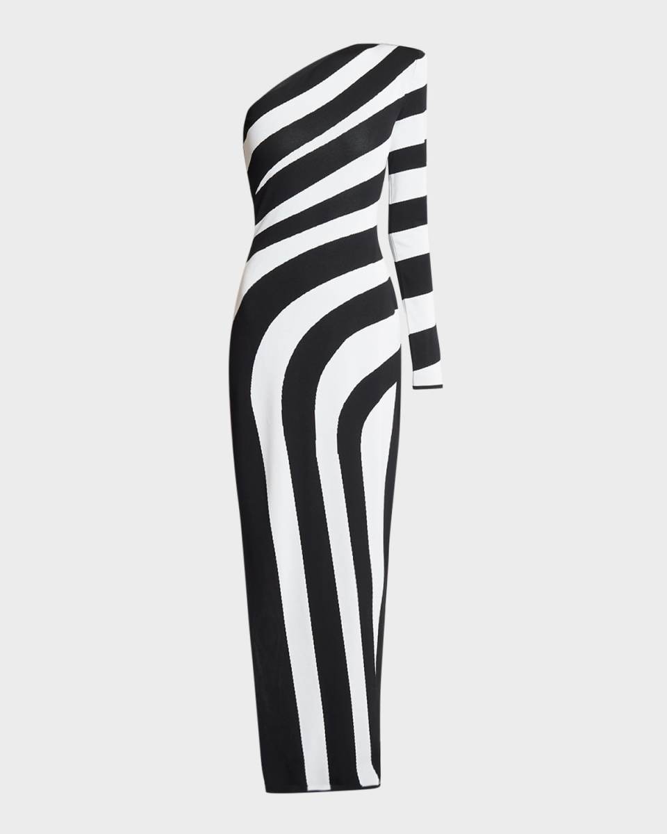 One-Shoulder Striped Knit Gown with Slit
