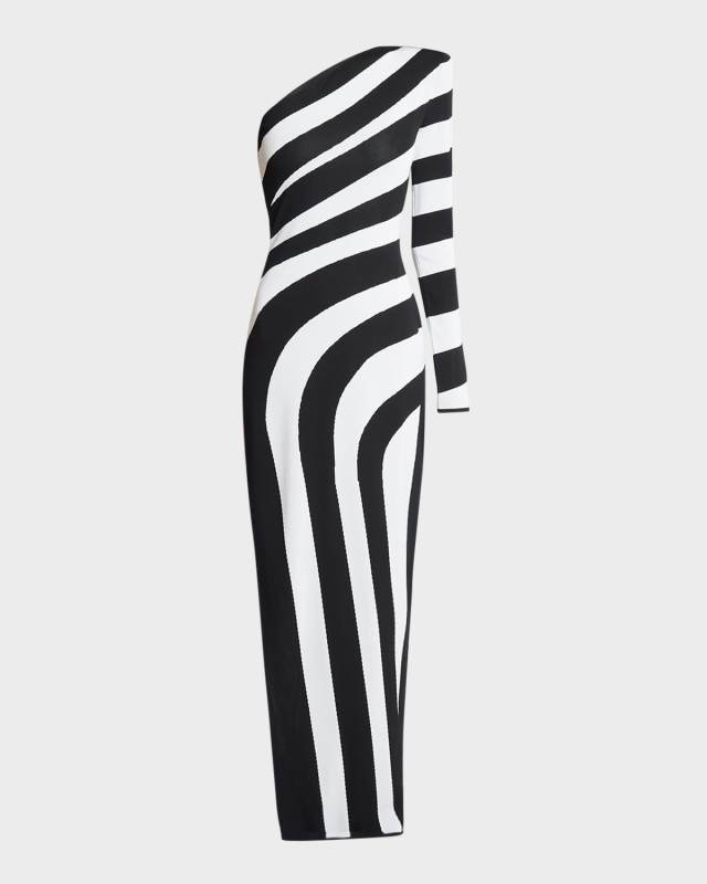 One-Shoulder Striped Knit Gown with Slit