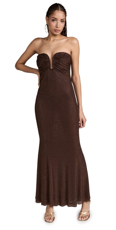 Self Portrait Brown Rhinestone Mesh Maxi Dress Brown
