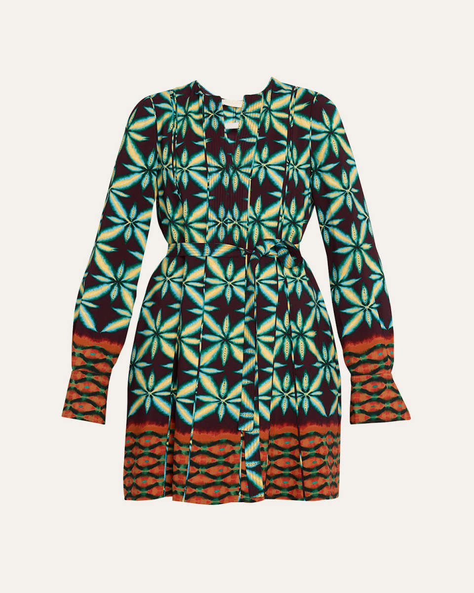 Daisy Belted-Waist Split-Neck Mini Dress