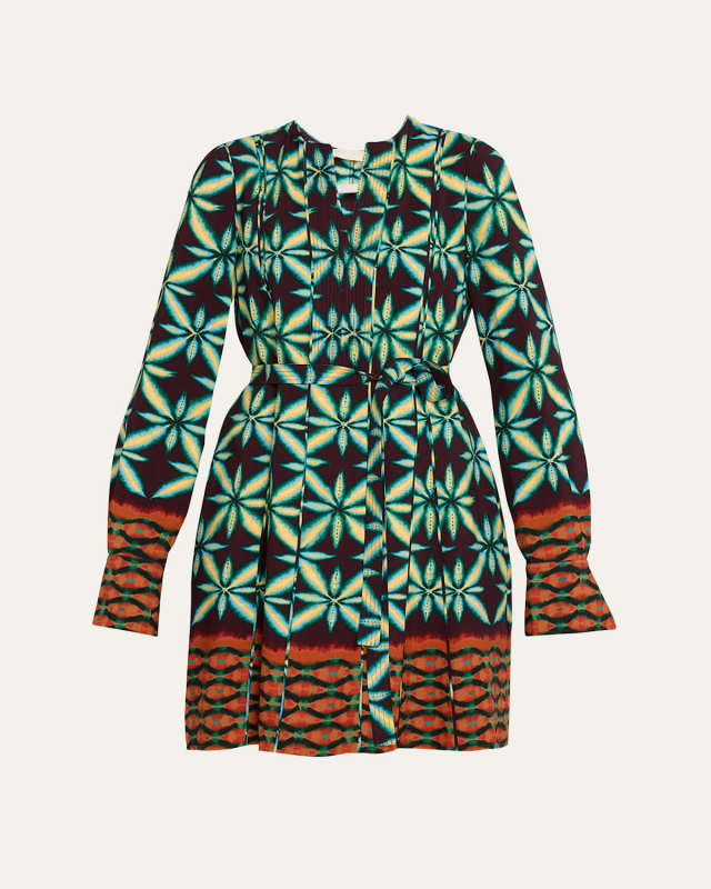 Daisy Belted-Waist Split-Neck Mini Dress