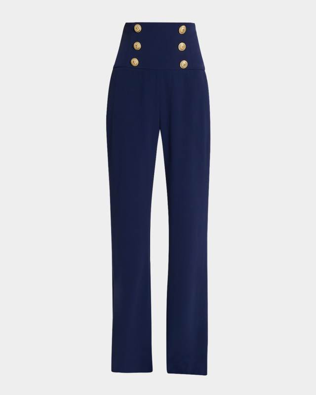 High-Rise Buttoned Wide-Leg Crepe Pants