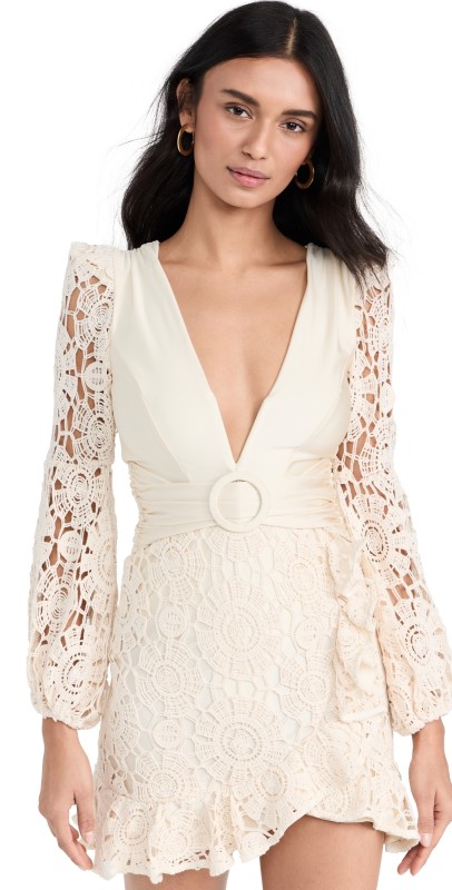 PatBO Crochet Plunge Mini Dress Wheat