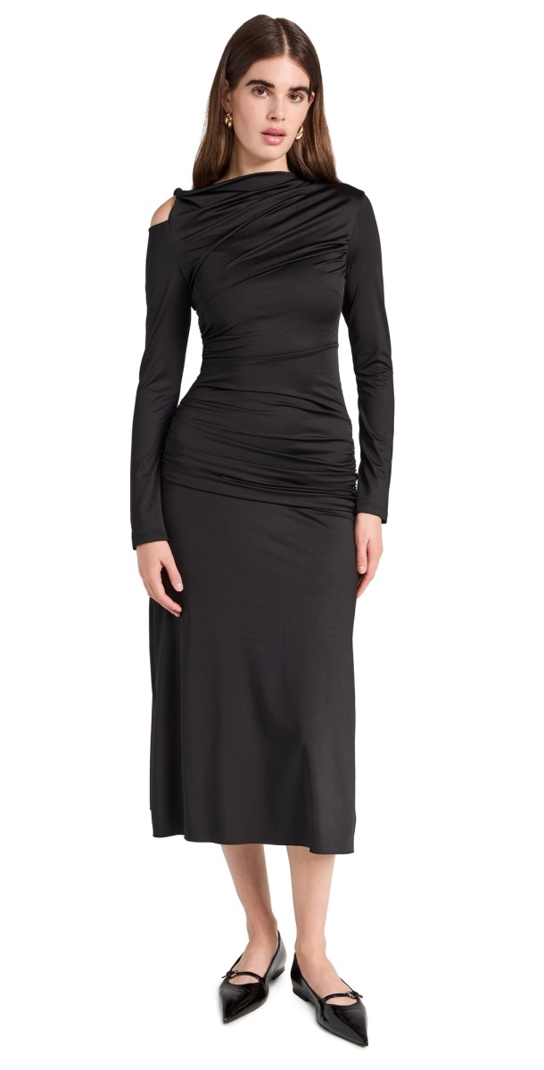 Victoria Beckham Long Sleeved Ruched Midi Dress Black