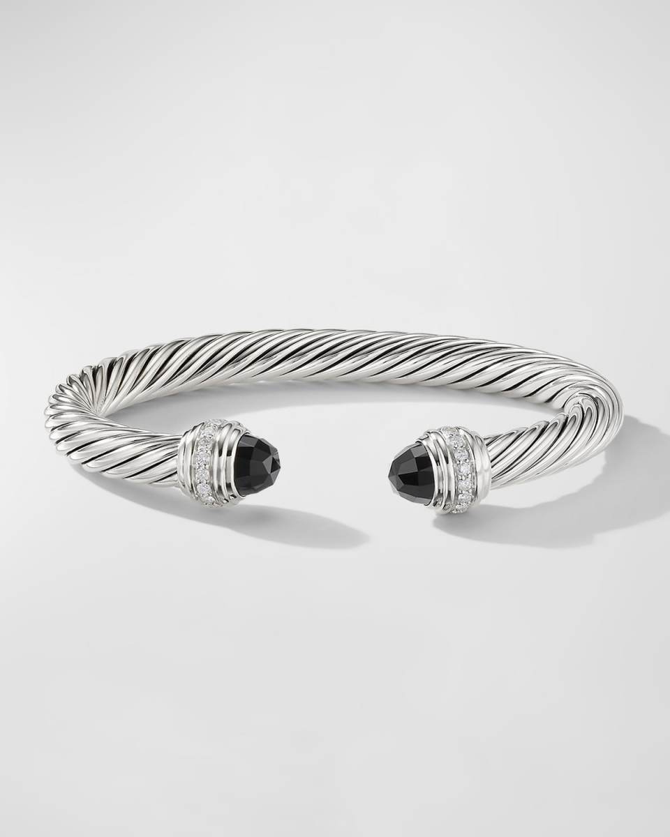 Cable Bracelet with Gemstone and Diamonds in Silver, 7mm