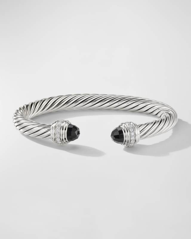 Cable Bracelet with Gemstone and Diamonds in Silver, 7mm