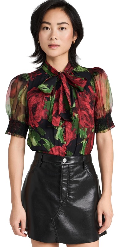 alice + olivia Brentley Tie Neck Puff Sleeve Blouse Cloud Floral