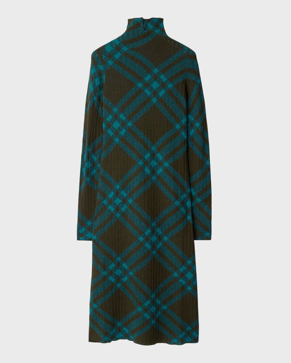 Turtleneck Check Knit Midi Sweater Dress