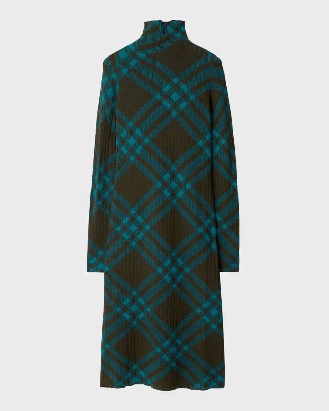 Turtleneck Check Knit Midi Sweater Dress