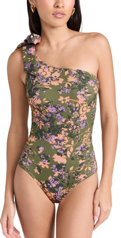 Shoshanna Tie One Shoulder One Piece Olive/Lavender