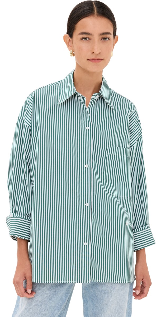 TWP New Earl Button Down Shirt White/Hunter Green