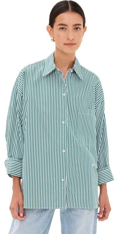 TWP New Earl Button Down Shirt White/Hunter Green