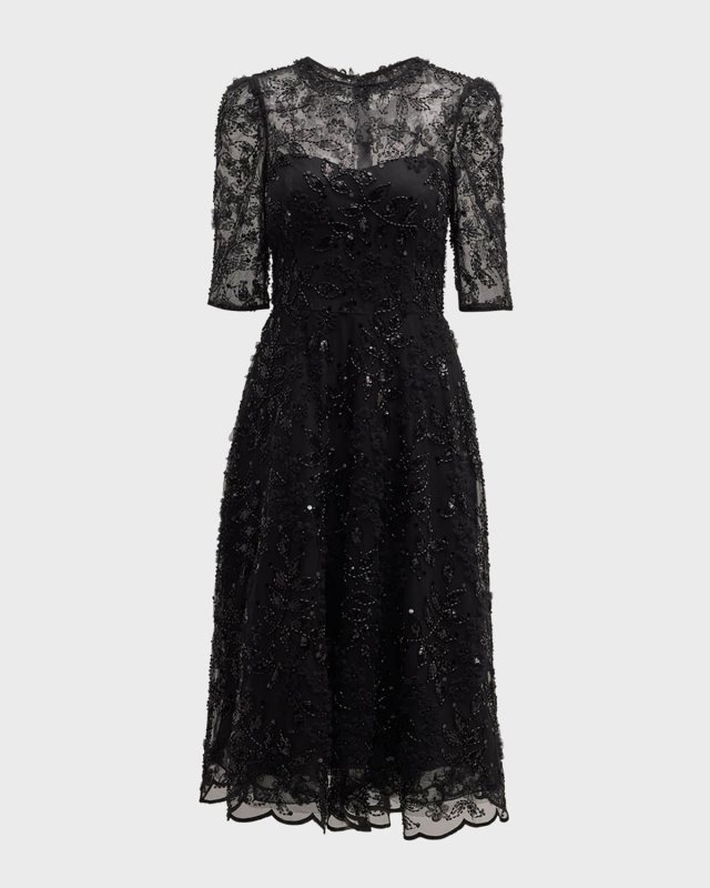 Floral Bead & Sequin Tulle Midi Dress