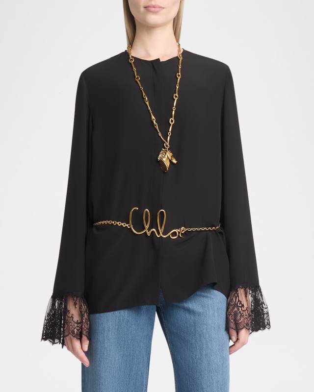 Button Down Crepe De Chine Top with Lace Sleeves