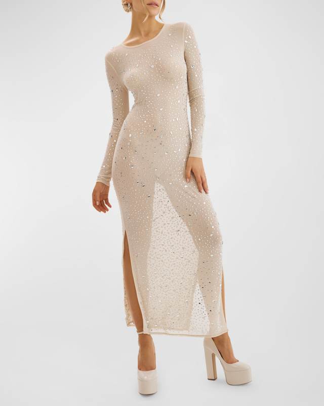 Maret Rhinestone Mesh Maxi Slit Dress