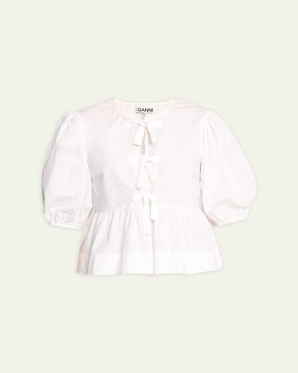 Poplin Front-Tie Peplum Blouse with Puffed-Sleeves