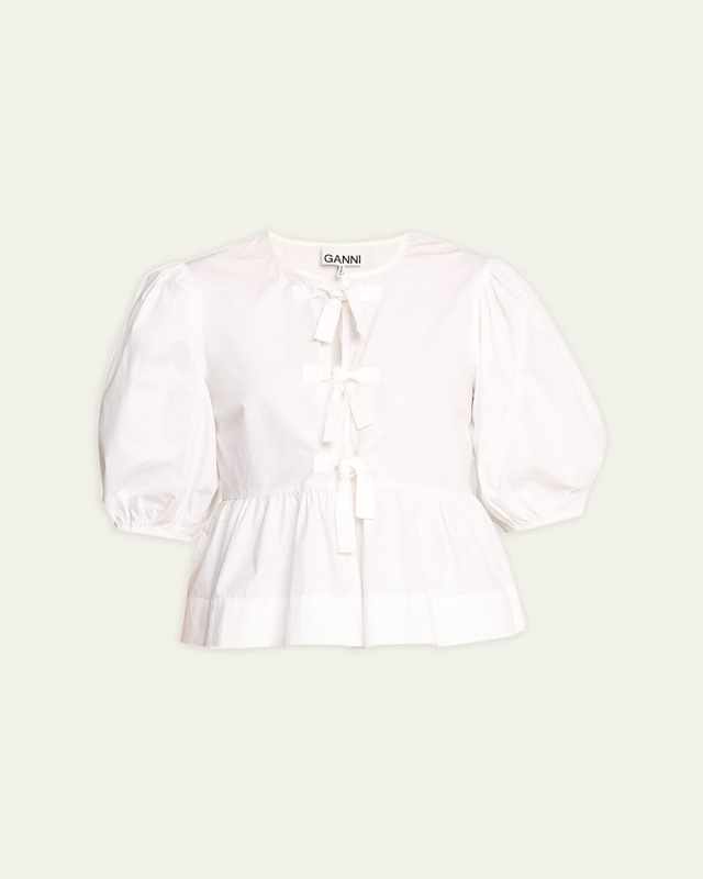 Poplin Front-Tie Peplum Blouse with Puffed-Sleeves